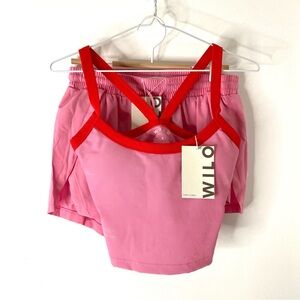 Wilo The Label Ribbed Scoop Crop & Shorts Set NWT Red Trim Pink